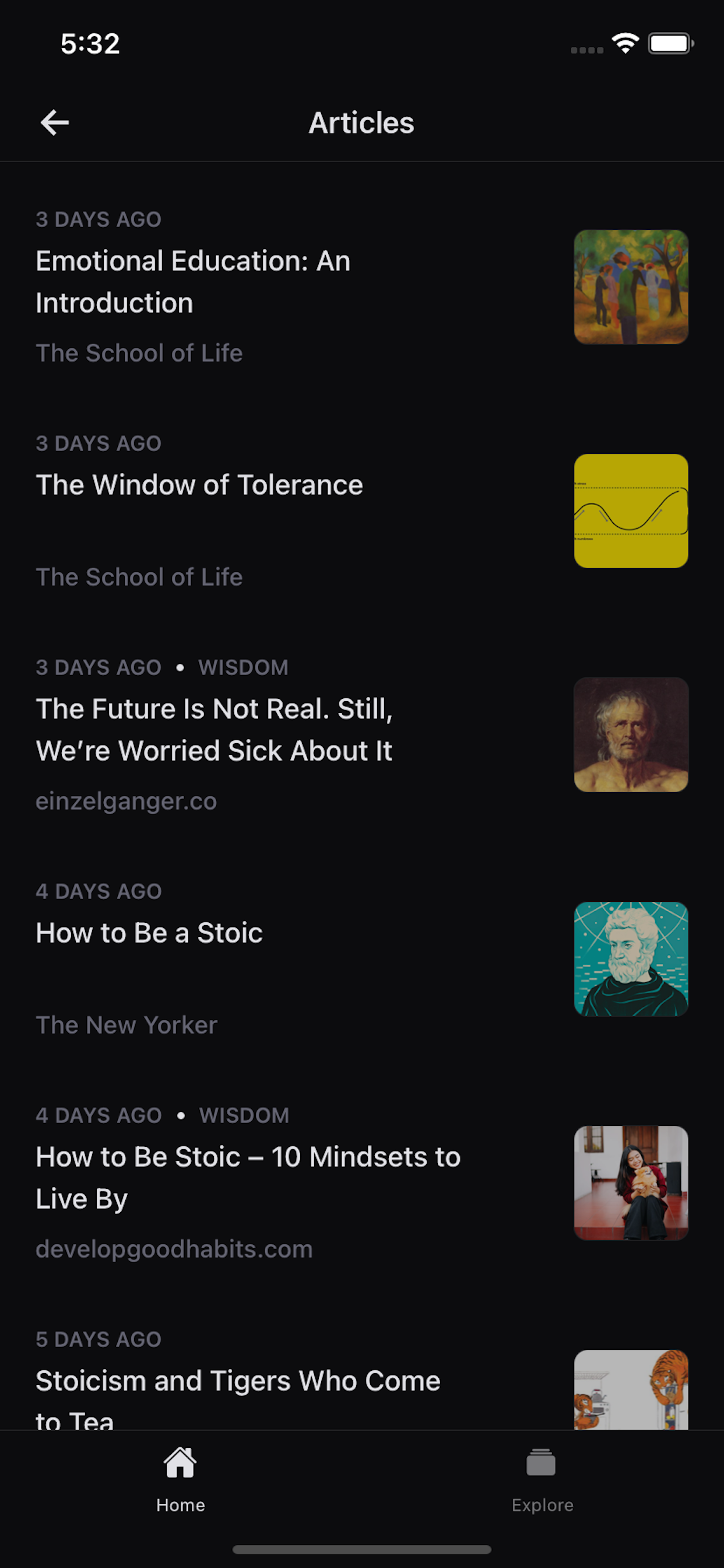 Stoic Widgets app articles screen